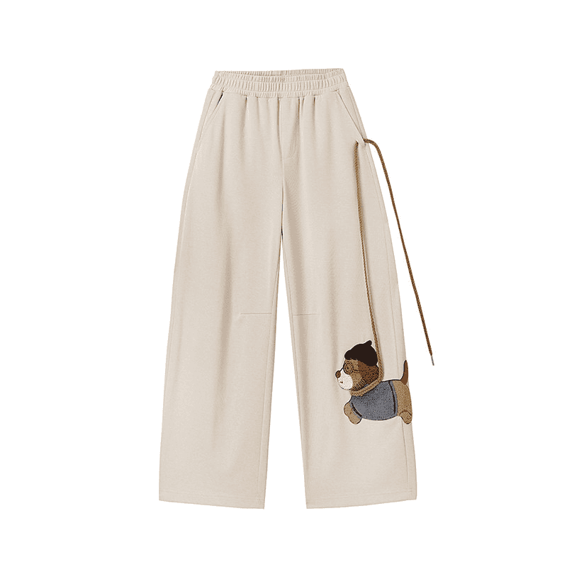 Happy Dog Towel Embroidery Wide Leg Pants for Women, Loose Casual Lazy Drop-Front Versatile Straight Leg Long Pants