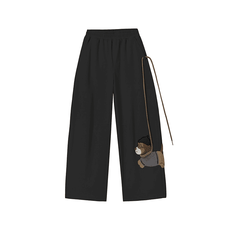 Happy Dog Towel Embroidery Wide Leg Pants for Women, Loose Casual Lazy Drop-Front Versatile Straight Leg Long Pants