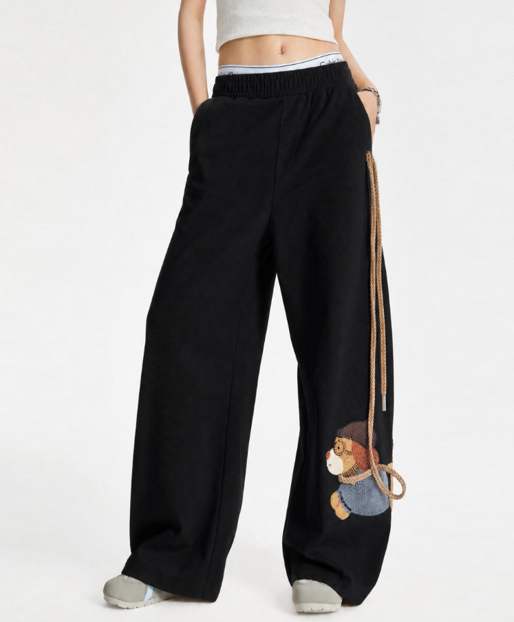 Happy Dog Towel Embroidery Wide Leg Pants for Women, Loose Casual Lazy Drop-Front Versatile Straight Leg Long Pants
