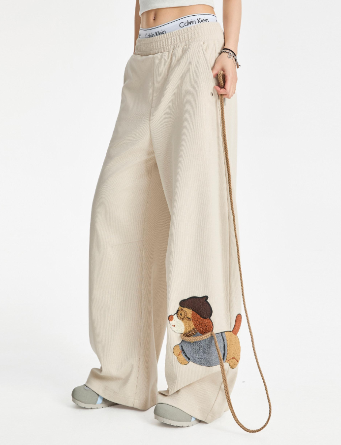 Happy Dog Towel Embroidery Wide Leg Pants for Women, Loose Casual Lazy Drop-Front Versatile Straight Leg Long Pants