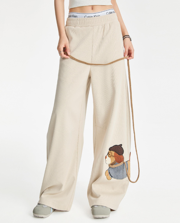 Happy Dog Towel Embroidery Wide Leg Pants for Women, Loose Casual Lazy Drop-Front Versatile Straight Leg Long Pants